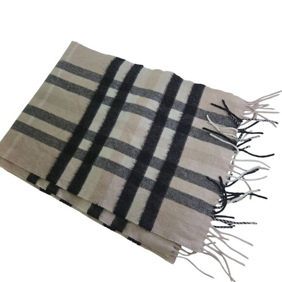 Cashmink Tartan Plaid Tan Fringe Soft Cashmere Scarf Neutral Size 60"x11" - Picture 1 of 4